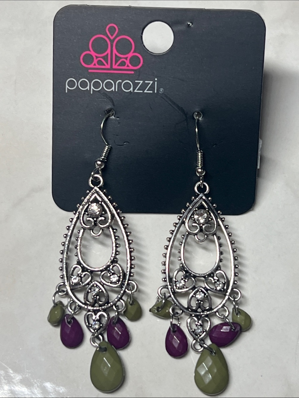 Paparazzi Olive and Purple Teardrop Filigree Dangle Earrings